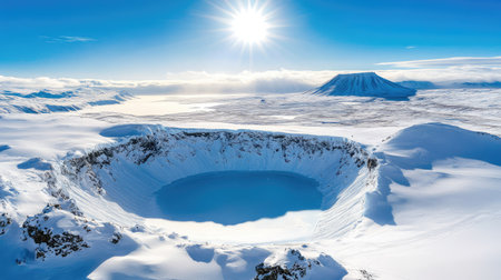 Aerial of Iceland icy crater, striking winter terrain with crater center and surrounding ridgesの素材