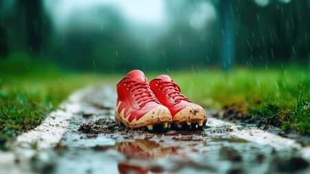 Dirty leather soccer boots resting beside a patchy goal line on a muddy pitch, captured in dramatic detailの素材