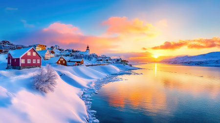 Aerial winter view of arctic town, colorful buildings line icy coast under glowing sunset skyの素材