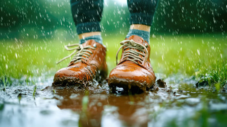 Leather soccer boots with worn laces, sitting in deep mud on a rain-soaked field for an authentic retro sport lookの素材