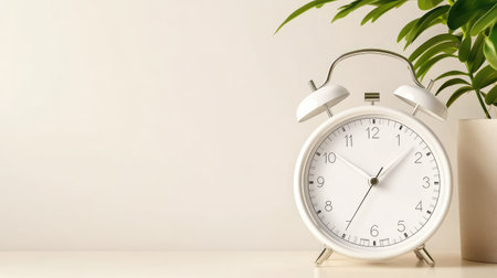 Classic white alarm clock standing on neutral desk, twin bells and hands frozen in precise, timeless momentの素材