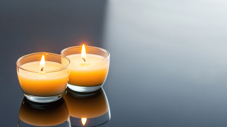 Candle trio on black reflective background, moisture and shadows add depth to calming compositionの素材