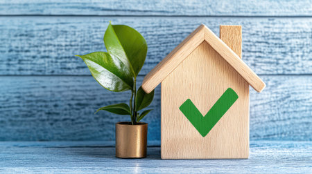 Concept image of a wooden house figure with green check mark for mortgage approval, home inspection, or property successの素材