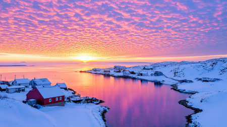 Coastal arctic village at sunset with snowy rooftops, dramatic sky and vibrant home colors from aerial viewの素材