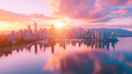 Morning light casts soft hues on city skyline, waterfront shimmer and islands add depth to aerial shotの素材