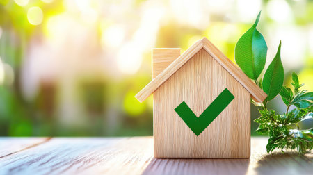Clean real estate-themed image with wooden house shape and green check mark, ideal for home loan or property approval conceptsの素材