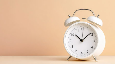 Minimalist white alarm clock with twin bells, classic design, time clearly visible against neutral backgroundの素材