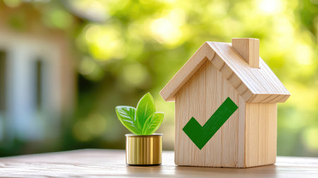 Concept image of a wooden house figure with green check mark for mortgage approval, home inspection, or property successの素材