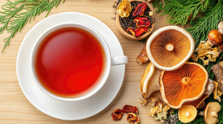 Cup of hot Reishi tea placed on a rough wood table with dried mushroom slices and forest-inspired propsの素材