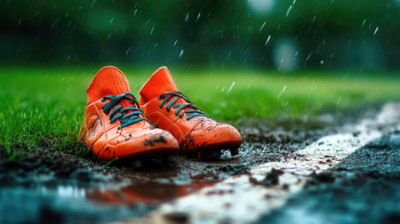 Dirty leather soccer boots resting beside a patchy goal line on a muddy pitch, captured in dramatic detailの素材