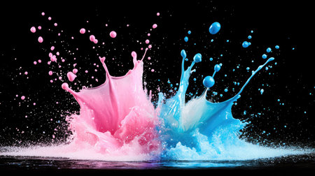 Vibrant paint splash in mid-motion, blue and pink merging with white highlights over black backgroundの素材