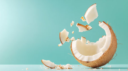 Coconut cut open with visible white meat and shell detail, styled against a clean surface for wellness advertisingの素材