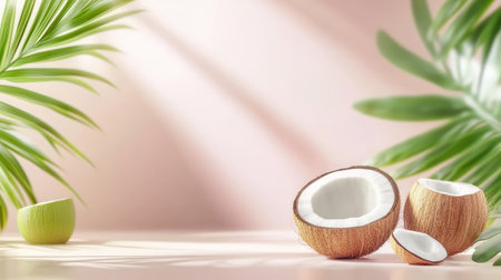 Isolated coconut with visible water and smooth white interior, fresh and minimal design for tropical productsの素材