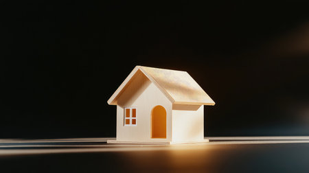 Low-light studio shot of a small cream-toned house on black, emphasizing shadows, shape, and simplicityの素材