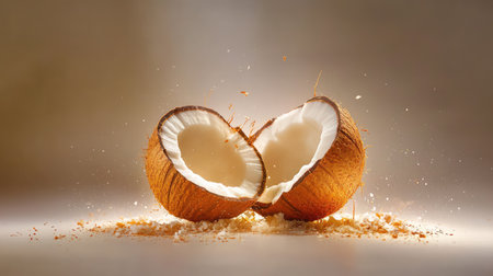 Clean composition of halved coconut showing rich texture and natural appeal, suited for minimalist health food adsの素材