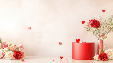 Chic Valentine's display with minimalist red podium, heart details, and rose accents on a soft beige canvasの素材