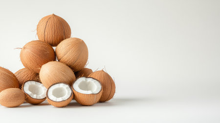 High-resolution photo of coconuts on white, showcasing natural shell textures and simplicity for organic campaignsの素材