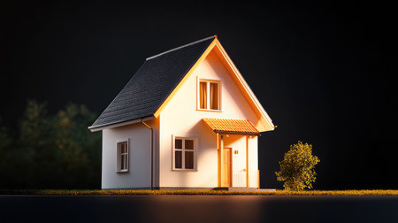 Low-light studio shot of a small cream-toned house on black, emphasizing shadows, shape, and simplicityの素材