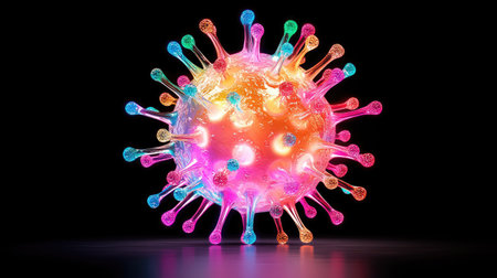 Fluorescent virus cell spikes illuminated in bold color contrast, symbolizing medical breakthrough and diagnosticsの素材
