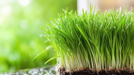Early morning grass with vivid greens and visible dew, symbolizing hydration, growth, and calm energyの素材