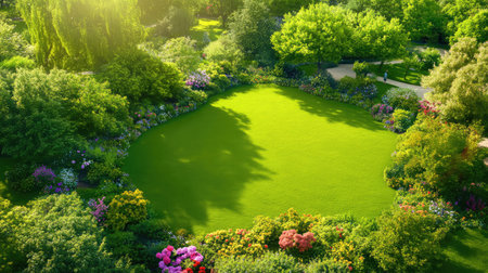 Overhead green lawn with high clarity and tight texture, styled for outdoor, summer, or nature-friendly campaignsの素材