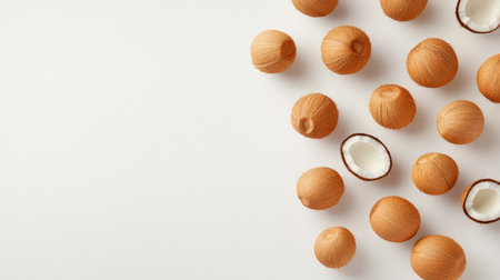 Minimal composition of fresh coconuts centered on white background, great for tropical-themed health productsの素材