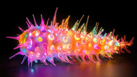 Spiked viral form illuminated with color overlays, symbolizing biological danger and advanced scienceの素材