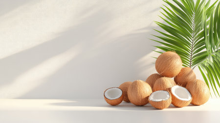 Isolated fresh coconuts on a white surface, clean layout ideal for packaging, advertising, or editorial useの素材