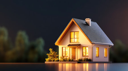 Minimalist cream and brown house softly lit and isolated against a deep black background for high-contrast visualsの素材