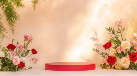 Romantic setup with a warm beige backdrop, red stage centerpiece, and roses, ideal for Valentine's marketing campaignsの素材