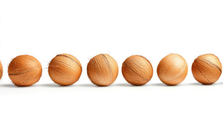 Row of coconuts evenly spaced on a white background, perfect for modern natural product advertisementsの素材