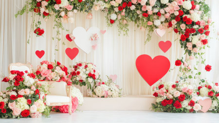 Soft beige setting with vibrant red stage, heart decorations, and fresh roses creating a magical romantic compositionの素材