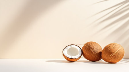 Studio-lit image of whole coconuts on white, highlighting fibrous texture and earthy tones for fresh lifestyle campaignsの素材