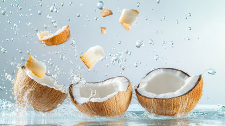 Minimalist shot of cracked coconuts with exposed interior and clear water droplets, ideal for wellness product promotionの素材
