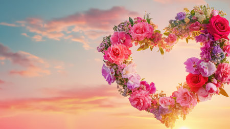 A romantic touch as floral wreath shaped like a heart captures the sun final light, surrounded by soft sky huesの素材