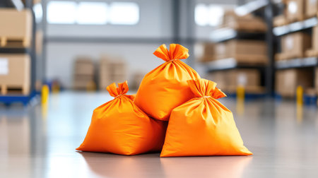 A warehouse scene featuring orange bags stacked against steel shelves, capturing commercial storage operationsの素材