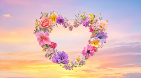 A romantic touch as floral wreath shaped like a heart captures the sun final light, surrounded by soft sky huesの素材