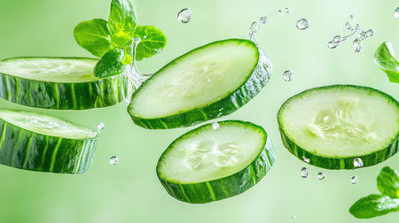 Floating cucumber slices arranged in layers, visually expressing refreshment and healthy snacking choicesの素材