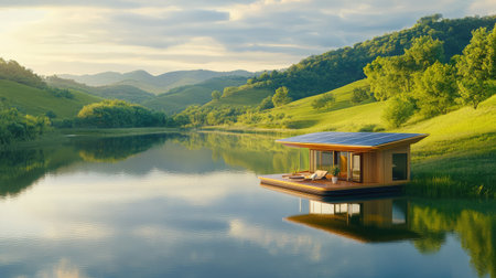 Calm waters mirror a solar-powered boat cabin nestled among green hills, emphasizing ecological eleganceの素材