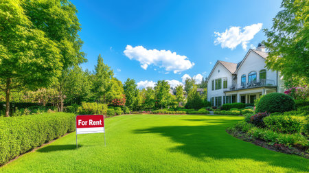 Contemporary house with a bright red "For Rent" sign on the lawn, perfect curb appeal and greenery all aroundの素材