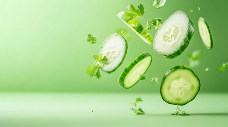 Crisp cucumber slices suspended mid-air against a soft green backdrop, capturing freshness, vitality, and healthy livingの素材