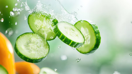 Floating cucumber slices frozen in motion, representing nutrition and the crisp, hydrating essence of fresh vegetablesの素材
