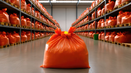 A warehouse scene featuring orange bags stacked against steel shelves, capturing commercial storage operationsの素材