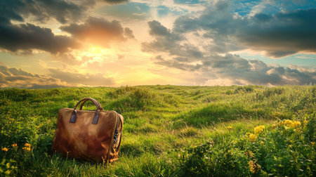 A weathered travel bag rests in wild nature, storm clouds forming above, symbolizing endings and solitudeの素材