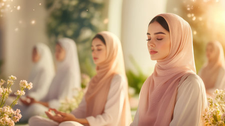Cultural beauty and spiritual wellness meet as women in hijabs meditate peacefully under soft natural lightの素材