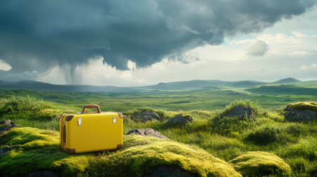 A yellow suitcase lies abandoned on mossy rocks beneath a stormy sky, suggesting lost stories in a desolate placeの素材
