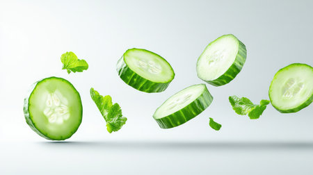 Cucumber slices caught in flight over a white background, emphasizing freshness and a healthy lifestyleの素材
