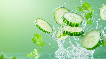 Floating cucumber slices frozen in motion, representing nutrition and the crisp, hydrating essence of fresh vegetablesの素材