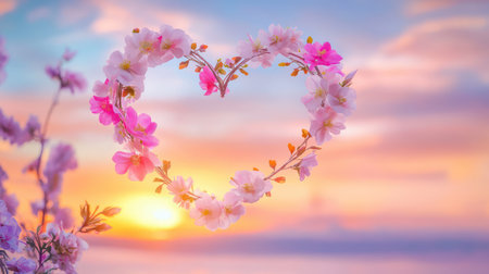 Delicate flowers form a heart wreath suspended before a vivid sunset, blending love and serenity in one frameの素材