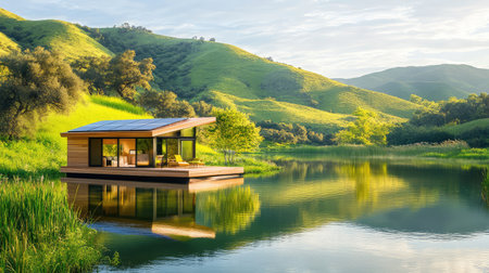 Calm waters mirror a solar-powered boat cabin nestled among green hills, emphasizing ecological eleganceの素材